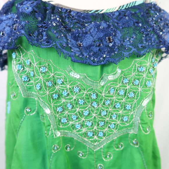 Vintage Y2K Free People Green Silk Turquoise Beaded Tank Top 2 - Picture 9 of 10